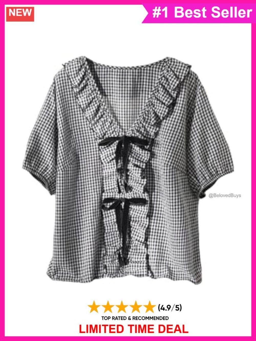 SweatyRocks Plus Size Bow Gingham Blouse Ruffle V Neck Short Sleeve
